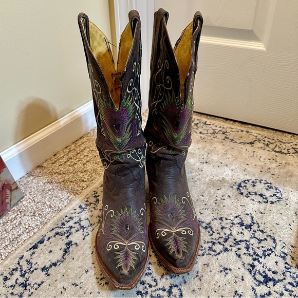 TONY LAMA Embroidered Peacock Feather Brown Leather Stacked Heel 9.5 Wide Calf - Picture 6 of 8